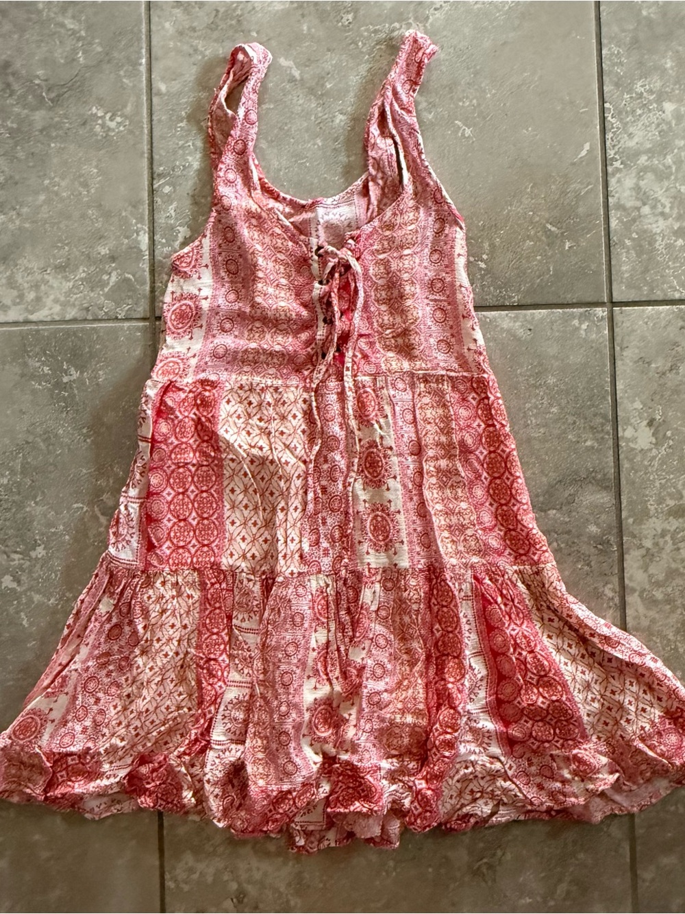 Lulu's Pink Patterned Lace-Up Tiered Mini Dress